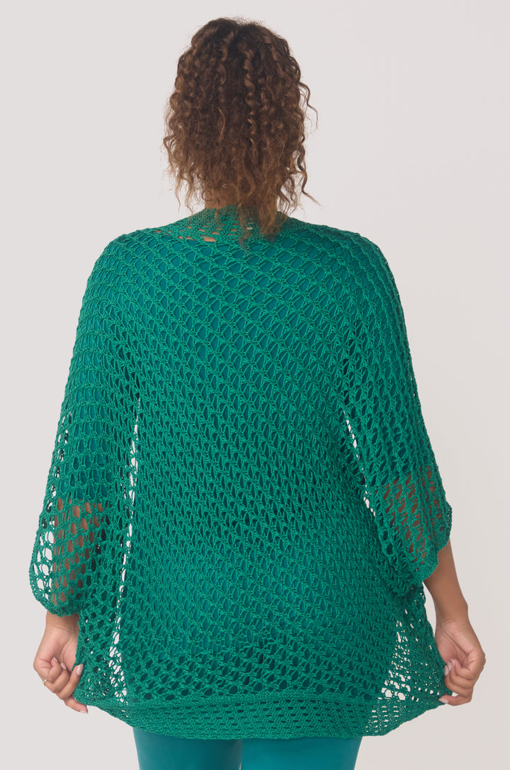 Hues Of The Sea BioLuxe™ Kimono Crochet Shrug, Black, Emerald, Wheat.