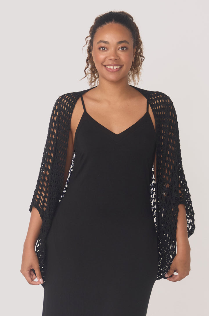 Hues Of The Sea BioLuxe™ Kimono Crochet Shrug, Black, Emerald, Wheat.