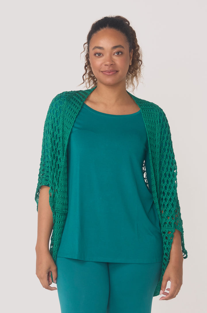 Hues Of The Sea BioLuxe™ Kimono Crochet Shrug, Black, Emerald, Wheat.