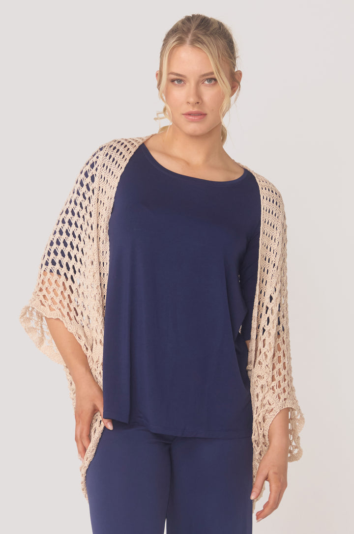 Hues Of The Sea BioLuxe™ Kimono Crochet Shrug, Black, Emerald, Wheat.