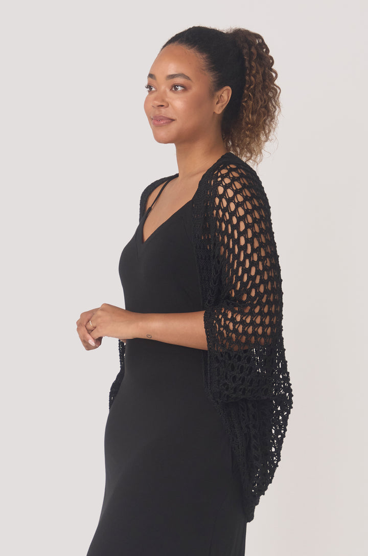 Hues Of The Sea BioLuxe™ Kimono Crochet Shrug, Black, Emerald, Wheat.