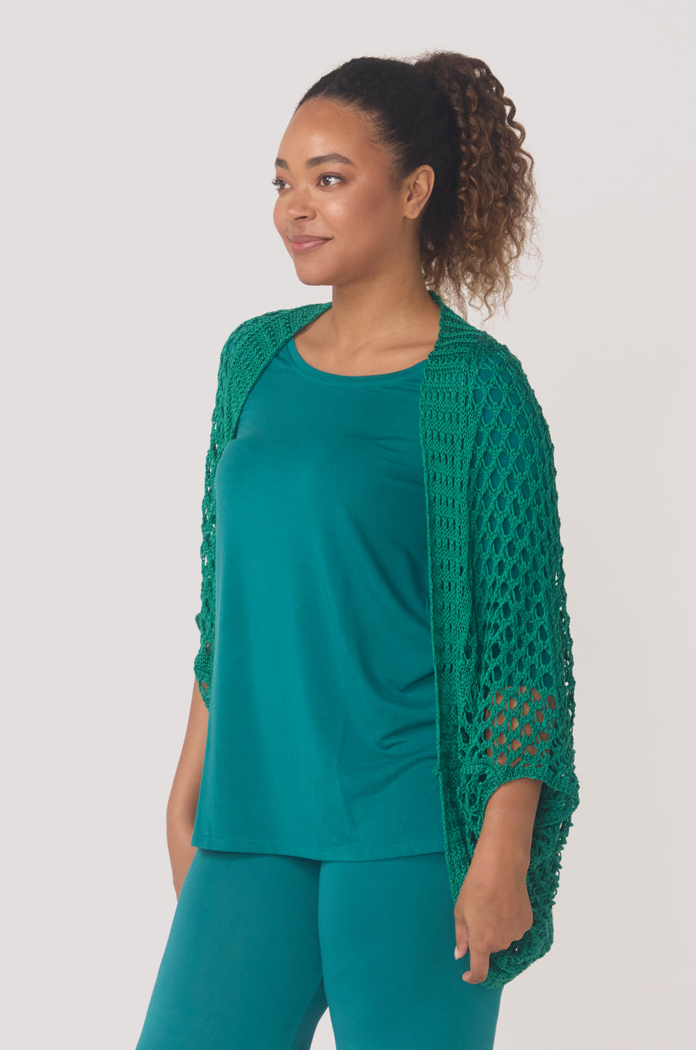 Hues Of The Sea BioLuxe™ Kimono Crochet Shrug, Black, Emerald, Wheat.