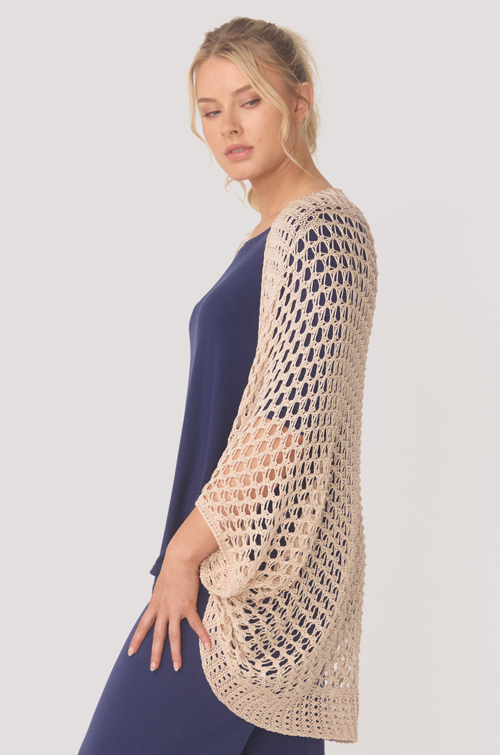 Hues Of The Sea BioLuxe™ Kimono Crochet Shrug, Black, Emerald, Wheat.