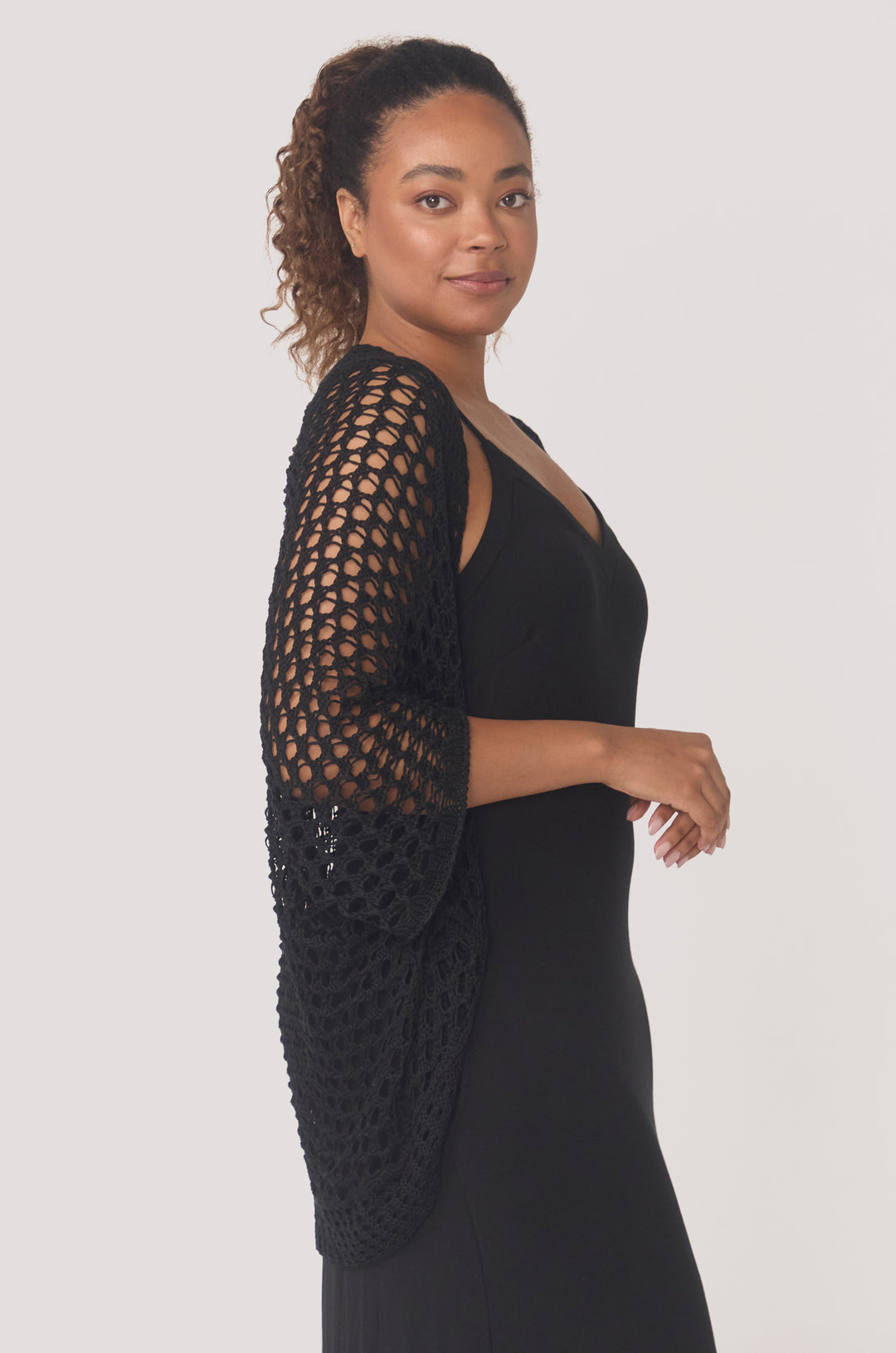 Hues Of The Sea BioLuxe™ Kimono Crochet Shrug, Black, Emerald, Wheat.