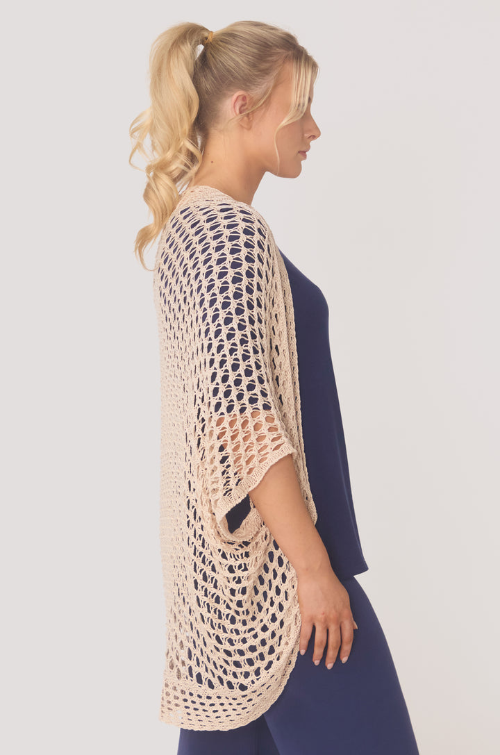 Hues Of The Sea BioLuxe™ Kimono Crochet Shrug, Black, Emerald, Wheat.