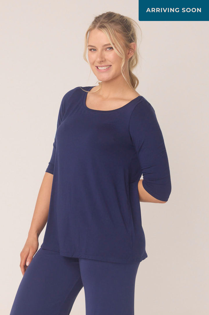 Bella Bodies Hues Of The Sea BioLuxe™ 3/4 sleeve swing flowy blouse , Black, Navy, Ocean, white
