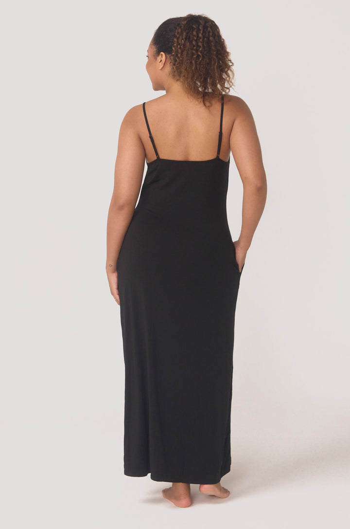Hues Of The Sea BioLuxe™ Slim Strap Maxi Pocket Flowy Dress Adjustable Straps, Black, Navy, Ocean.