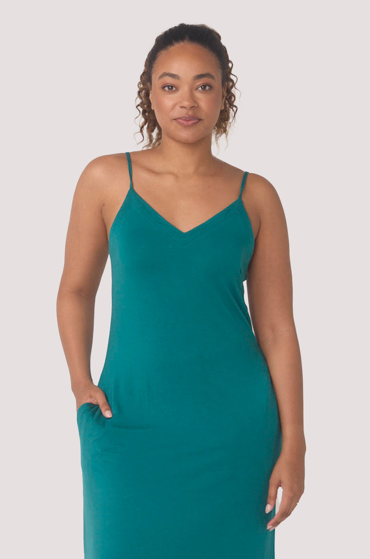 Hues Of The Sea BioLuxe™ Slim Strap Maxi Pocket Flowy Dress Adjustable Straps, Black, Navy, Ocean.