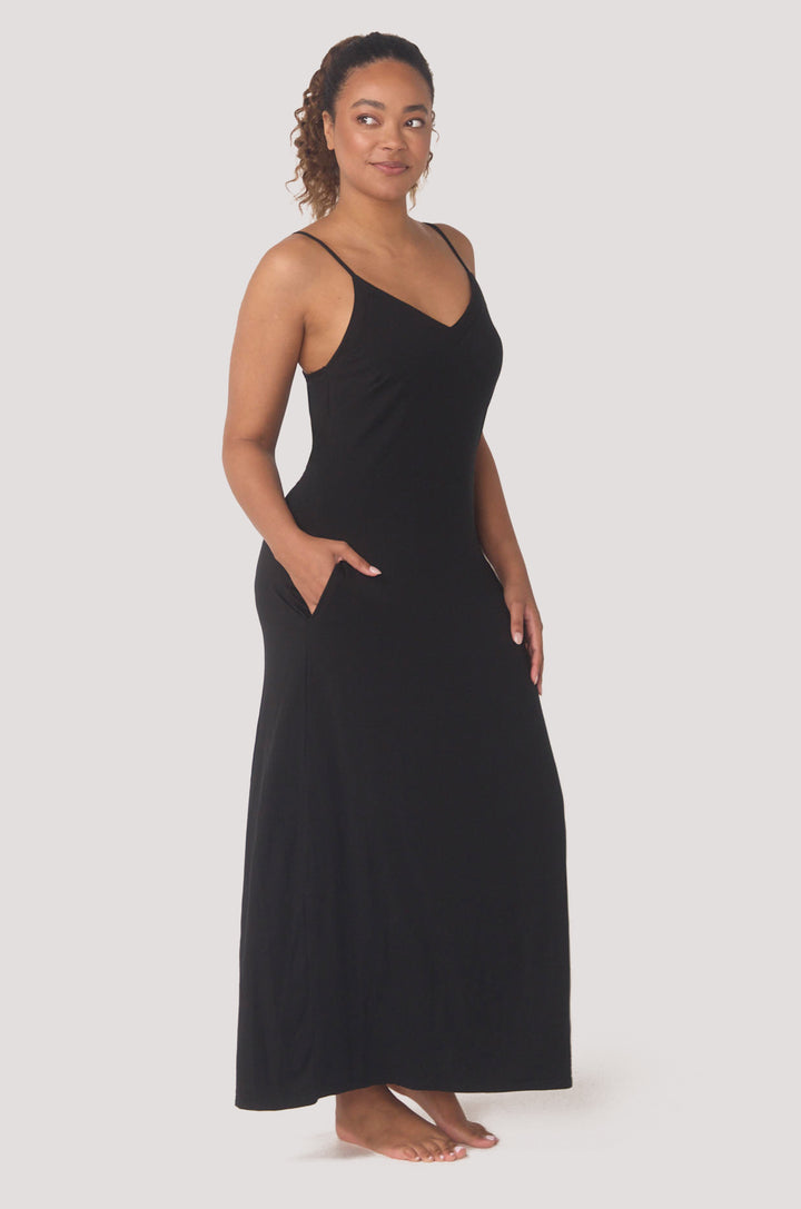 Hues Of The Sea BioLuxe™ Slim Strap Maxi Pocket Flowy Dress Adjustable Straps, Black, Navy, Ocean.