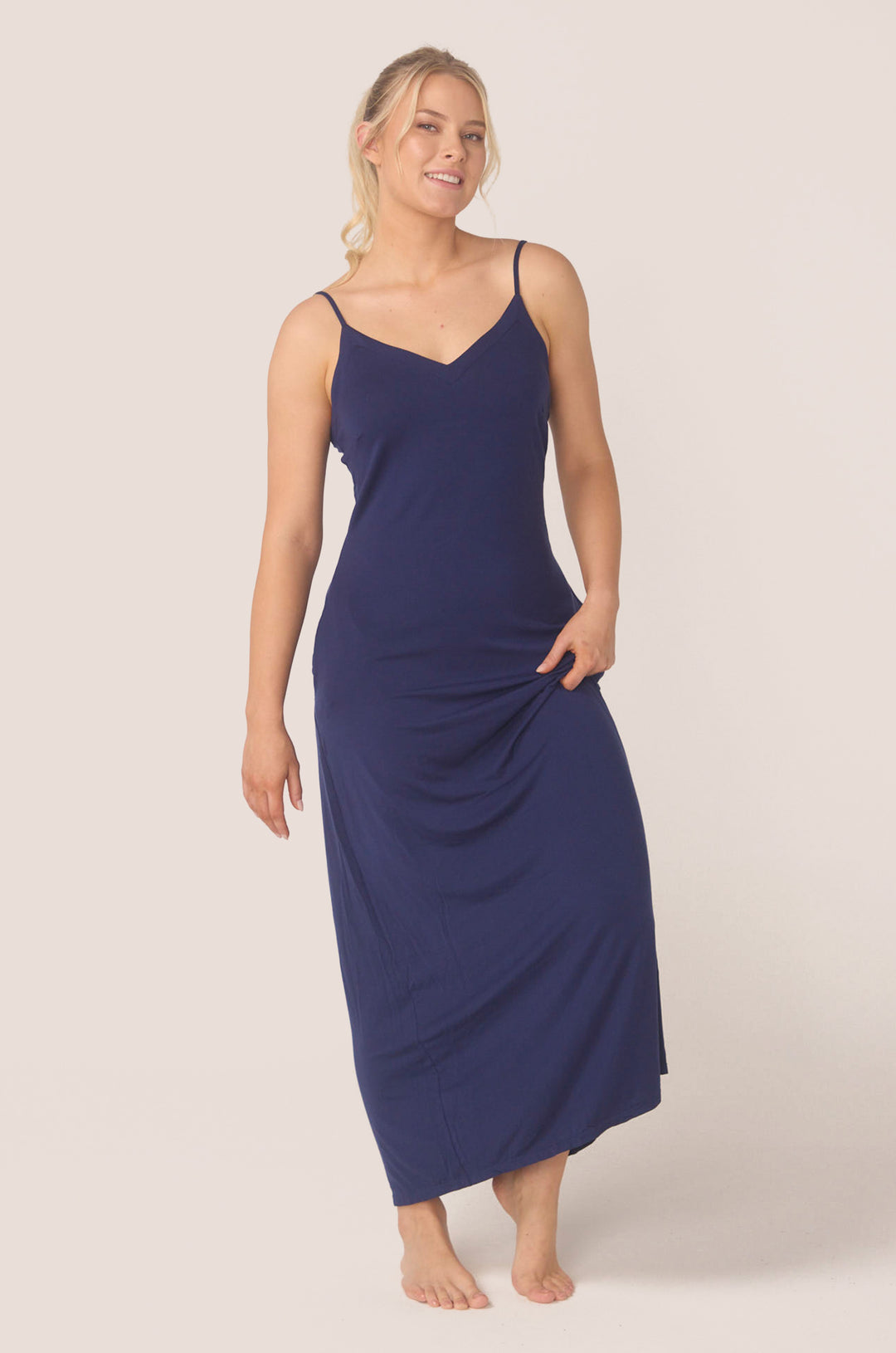 Hues Of The Sea BioLuxe™ Slim Strap Maxi Pocket Flowy Dress Adjustable Straps, Black, Navy, Ocean.