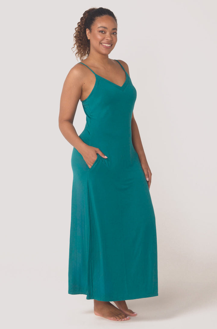 Hues Of The Sea BioLuxe™ Slim Strap Maxi Pocket Flowy Dress Adjustable Straps, Black, Navy, Ocean.