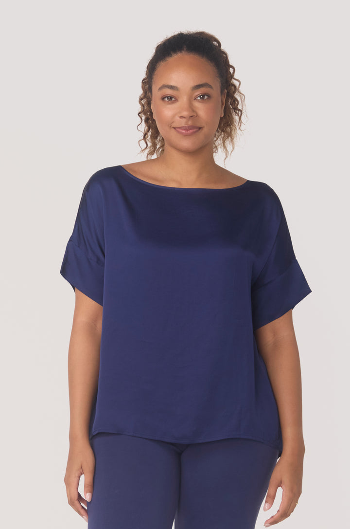 Hues Of The Sea BioLuxe™ Satin Reversible Dress, Reversible Blouse, Slim Strap Maxi Pocket Dress, Satin Batwing Blouse, Black, Navy, Ocean