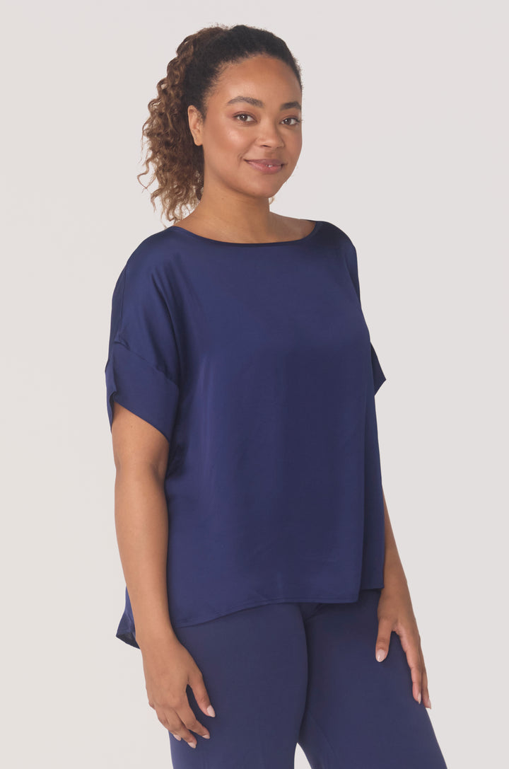 Hues Of The Sea BioLuxe™ Satin Reversible Dress, Reversible Blouse, Slim Strap Maxi Pocket Dress, Satin Batwing Blouse, Black, Navy, Ocean