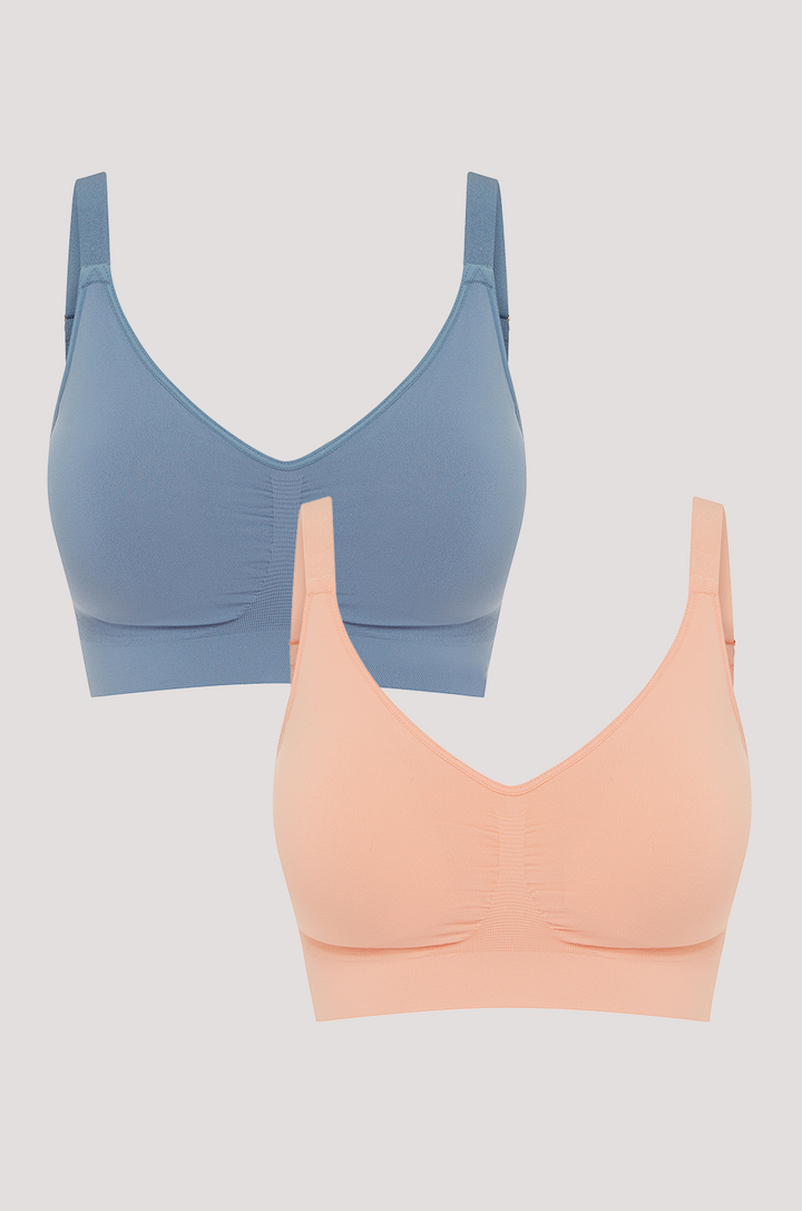 Women's Easy Fit Adjustable Bra in quick dry travel fabric | Peach and Blue Slate 2pk