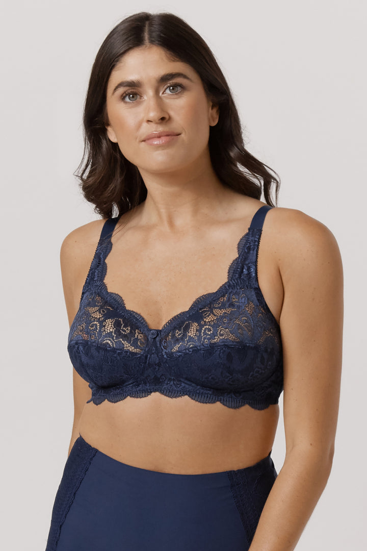 Women's Luxurious Supportive Lace bra | Ruby Lace Underwire Free Bra | Bella Bodies Australia | Navy | front
