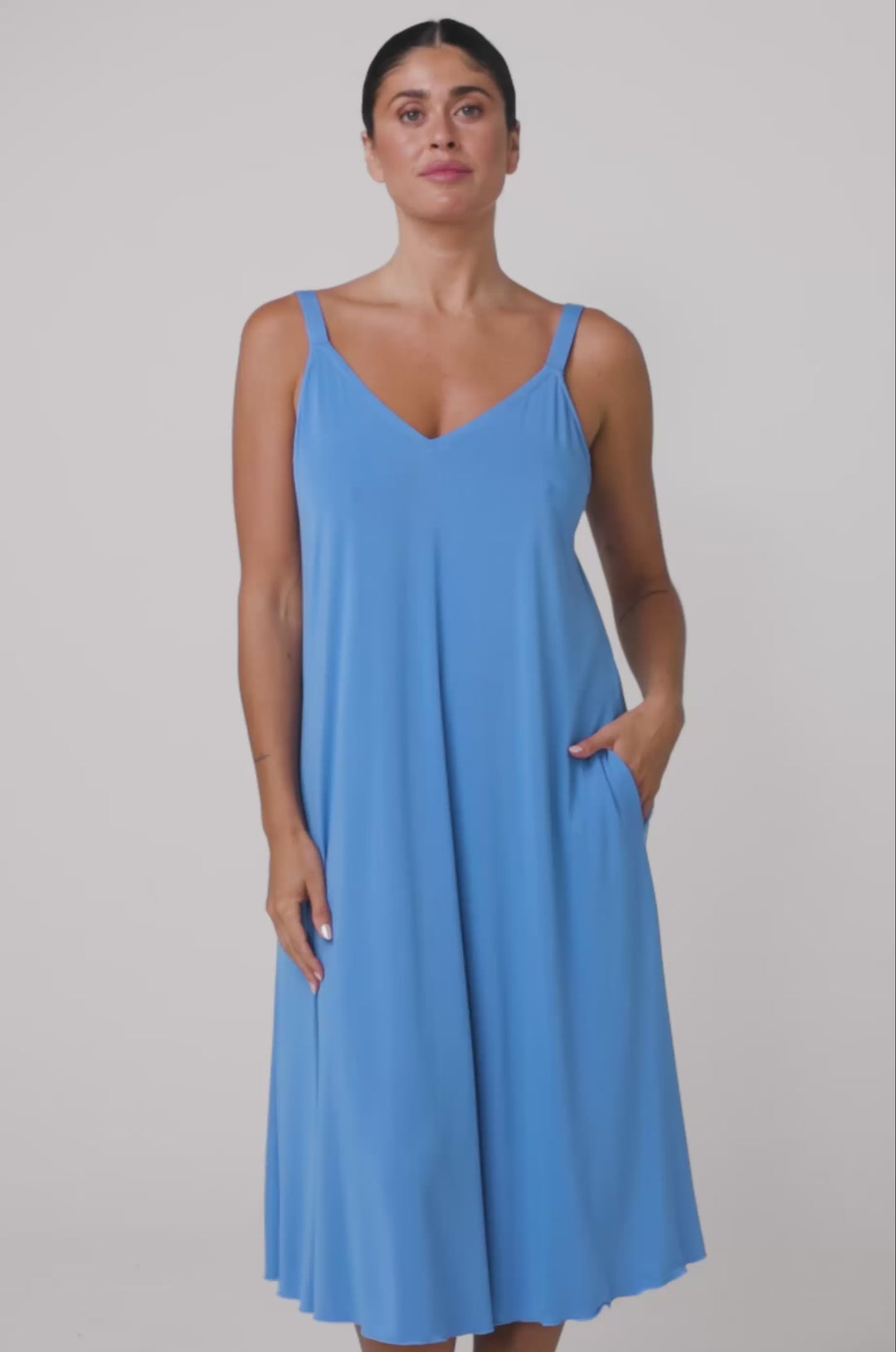 Lifestyle Swing Pocket Dress Adjustable Straps Flowy Flattering Cornflower Blue Black Bella Bodies Australia