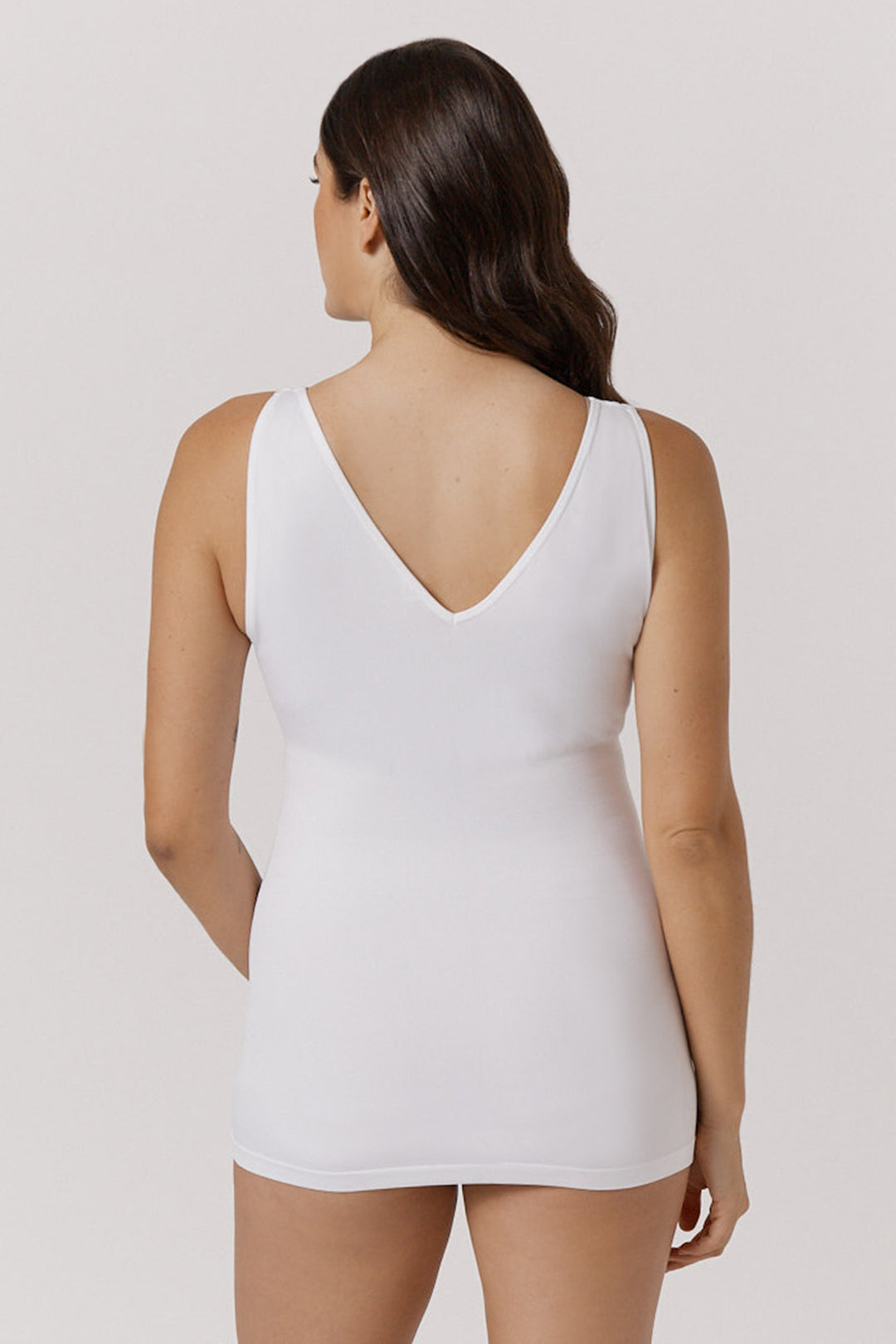 Women's comfortable Reversible Neckline, shaping and firming cami | Camyz Shapewear Smoothing Tank I Bella Bodies Australia I White | Back