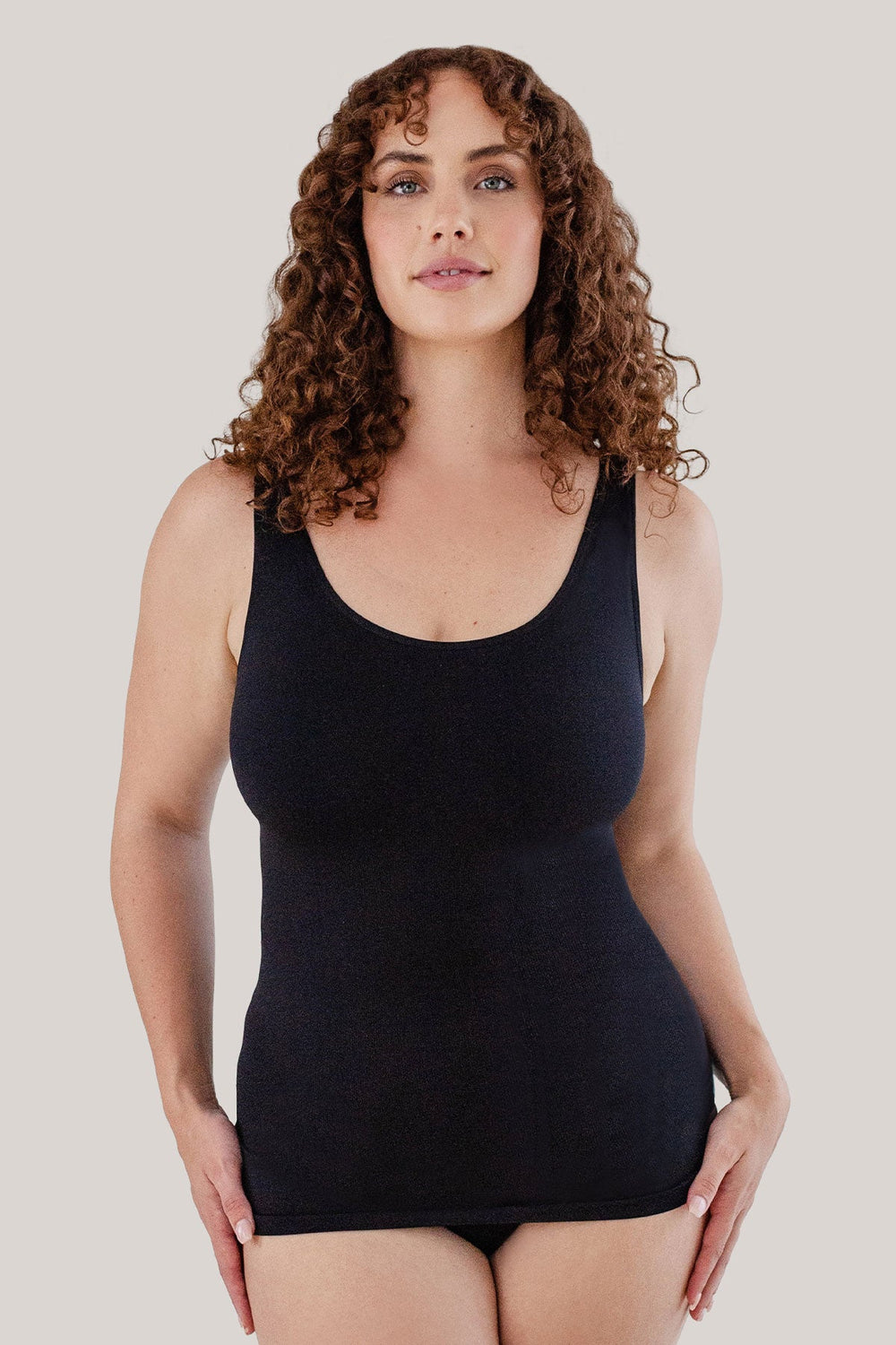 Women's comfortable Reversible Neckline, shaping and firming cami | Camyz Shapewear Smoothing Tank I Bella Bodies Australia I Black | Front