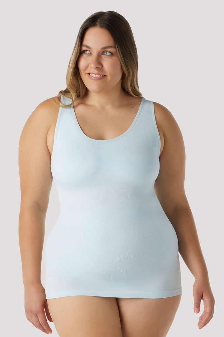 Women's comfortable Reversible Neckline, shaping and firming cami | Camyz Shapewear Smoothing Tank I Bella Bodies Australia I Ice Blue | Front