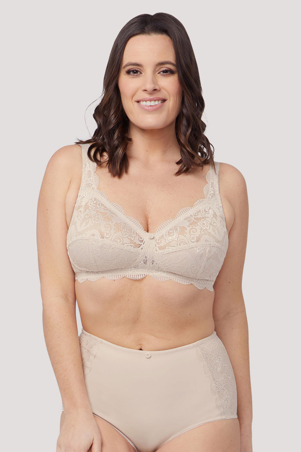 Women's Luxurious Supportive Lace bra | Ruby Lace Underwire Free Bra | Bella Bodies Australia | Soft Sand | Front