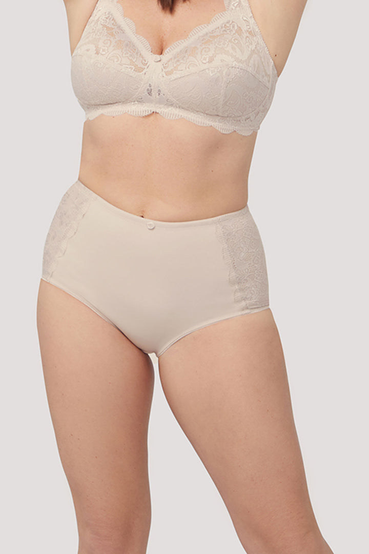 Women's Lace Full coverage underwear | Ruby Lace Retro Brief | Bella Bodies Australia | Soft Sand | Front